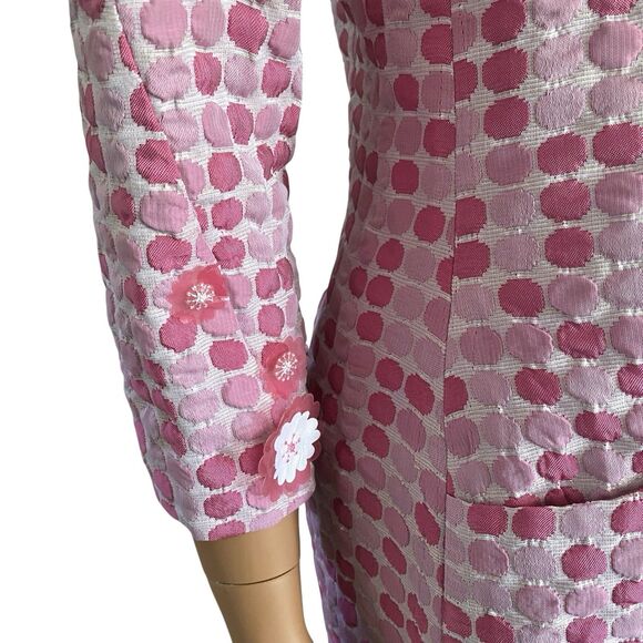 Vtg Thick Poly Mod Floral Pink Shift Dress Poka Dot Pockets Lined Boat Collar 3D - Picture 4 of 16